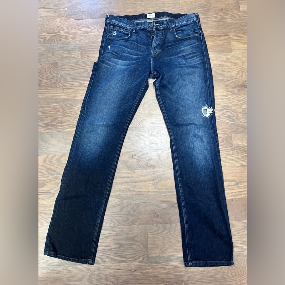 Men’s Hudson button fly distressed jeans, size 34 Long